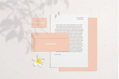 Summer blank branding mockup with coral business card
