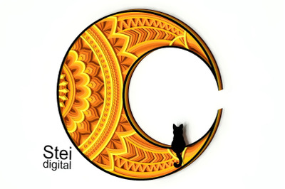 3d Cat on the moon mandala Svg, Dxf cut files.